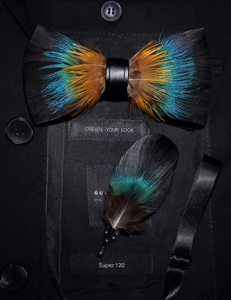 RBOCOTT Feather Pre-tied Bow tie Leather Bowtie and Brooch Sets for Men(14) - Image 3
